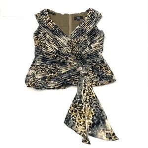 Tadashi‎ Animal Print Silk Pleated Faux Wrap Blouse Top Womens 16 Brown